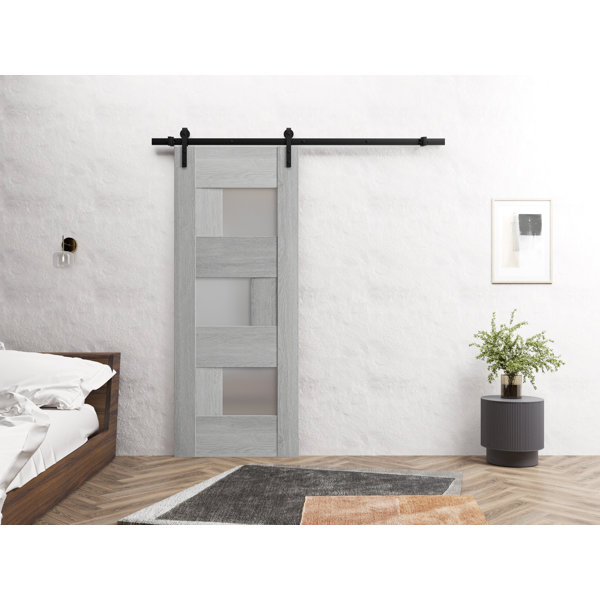 VDomDoors Sete Sturdy Barn Door Light Gray Oak with Frosted Glass Rail